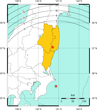 緊急地震速報（警報）第1報を発表した地域及び主要動到達までの時間