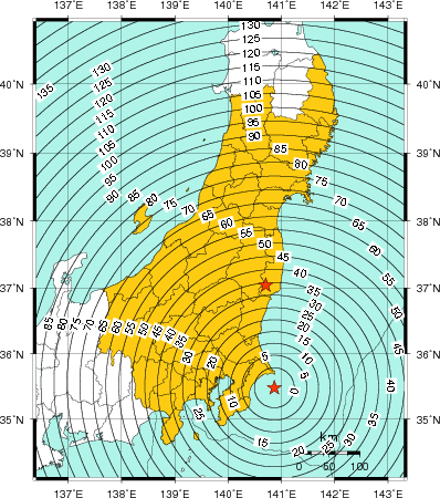 緊急地震速報（警報）第1報を発表した地域及び主要動到達までの時間