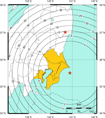 緊急地震速報（警報）第1報を発表した地域及び主要動到達までの時間