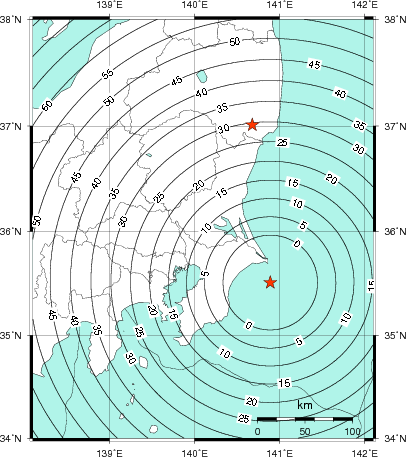 緊急地震速報第1報提供から主要動到達までの時間及び推計震度分布図