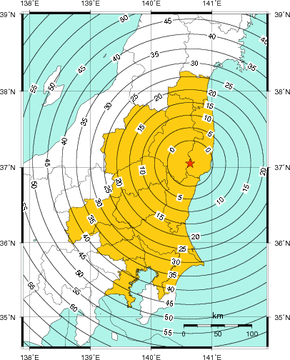 緊急地震速報（警報）第1報を発表した地域及び主要動到達までの時間