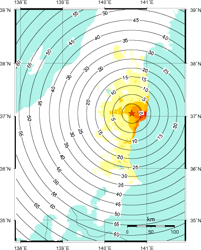 緊急地震速報第1報提供から主要動到達までの時間及び推計震度分布図