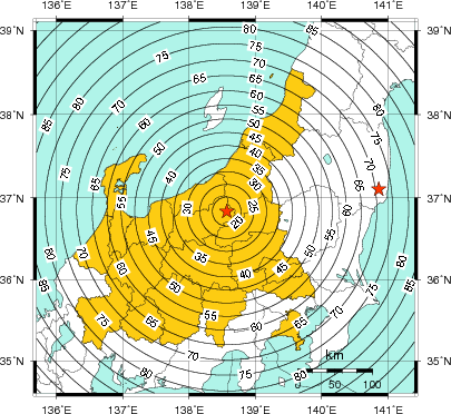 緊急地震速報（警報）第1報を発表した地域及び主要動到達までの時間