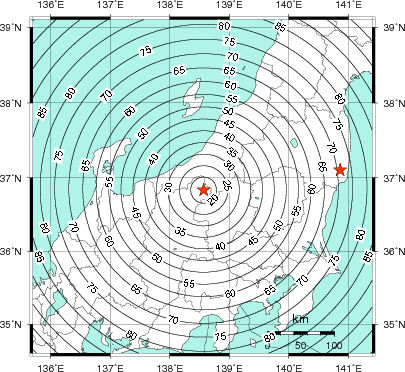 緊急地震速報第1報提供から主要動到達までの時間及び推計震度分布図