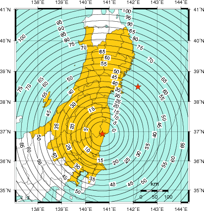 緊急地震速報（警報）第1報を発表した地域及び主要動到達までの時間