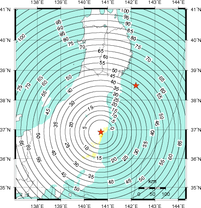 緊急地震速報第1報提供から主要動到達までの時間及び推計震度分布図