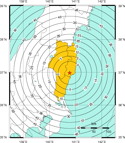 緊急地震速報（警報）第1報を発表した地域及び主要動到達までの時間