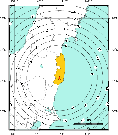 緊急地震速報（警報）第1報を発表した地域及び主要動到達までの時間