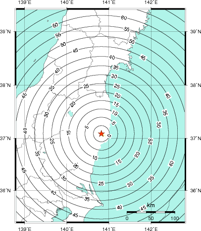 緊急地震速報第1報提供から主要動到達までの時間及び推計震度分布図