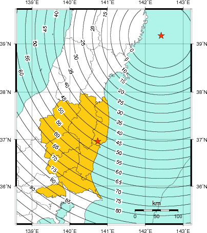 緊急地震速報（警報）第1報を発表した地域及び主要動到達までの時間