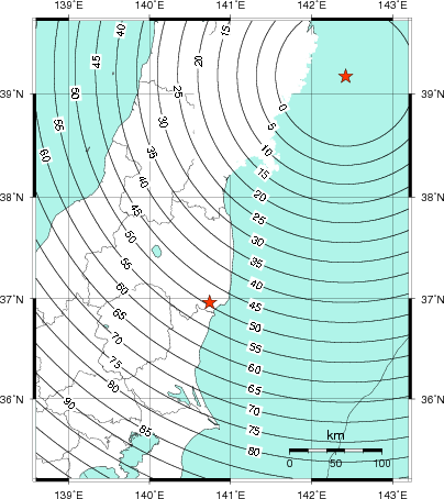 緊急地震速報第1報提供から主要動到達までの時間及び推計震度分布図