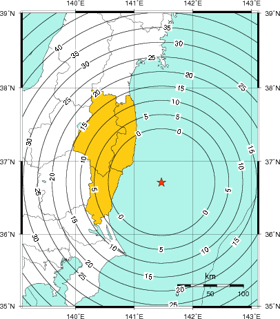 緊急地震速報（警報）第1報を発表した地域及び主要動到達までの時間