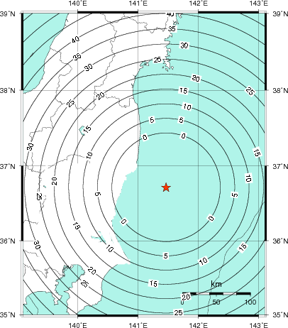 緊急地震速報第1報提供から主要動到達までの時間及び推計震度分布図