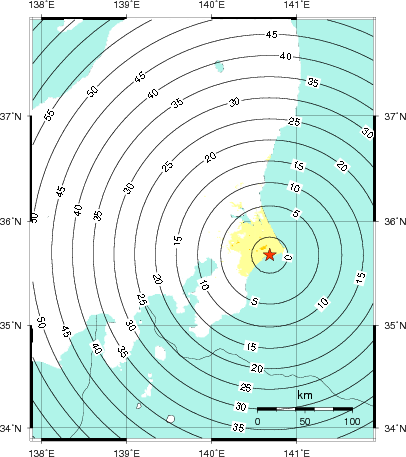 緊急地震速報第1報提供から主要動到達までの時間及び推計震度分布図