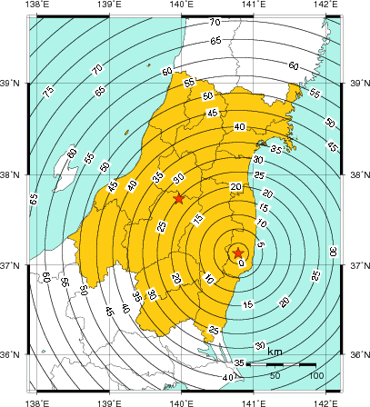 緊急地震速報（警報）第1報を発表した地域及び主要動到達までの時間