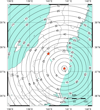 緊急地震速報第1報提供から主要動到達までの時間及び推計震度分布図