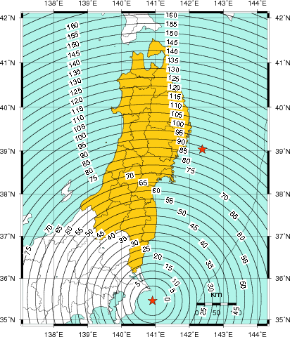 緊急地震速報（警報）第1報を発表した地域及び主要動到達までの時間