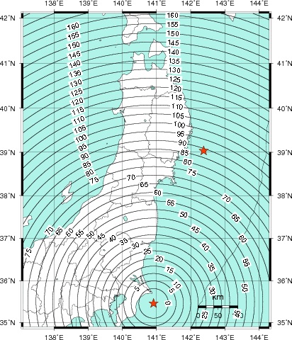 緊急地震速報第1報提供から主要動到達までの時間及び推計震度分布図