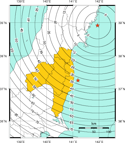 緊急地震速報（警報）第1報を発表した地域及び主要動到達までの時間