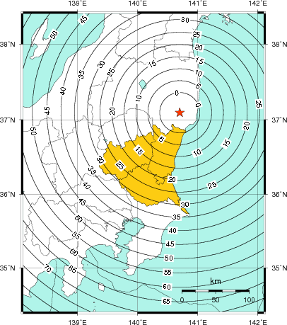 緊急地震速報（警報）第1報を発表した地域及び主要動到達までの時間