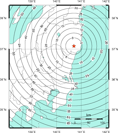 緊急地震速報第1報提供から主要動到達までの時間及び推計震度分布図