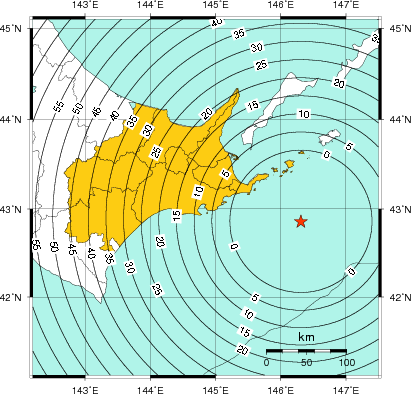 緊急地震速報（警報）第1報を発表した地域及び主要動到達までの時間