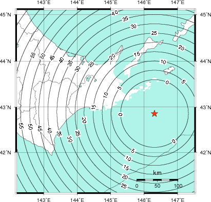 緊急地震速報第1報提供から主要動到達までの時間及び推計震度分布図