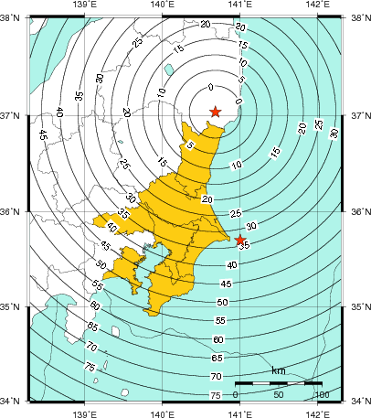 緊急地震速報（警報）第1報を発表した地域及び主要動到達までの時間