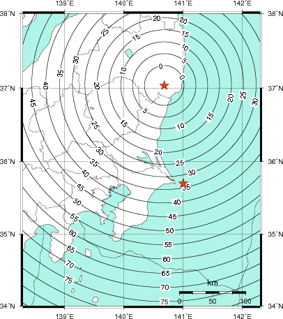 緊急地震速報第1報提供から主要動到達までの時間及び推計震度分布図