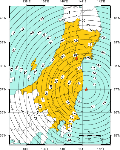 緊急地震速報（警報）第1報を発表した地域及び主要動到達までの時間