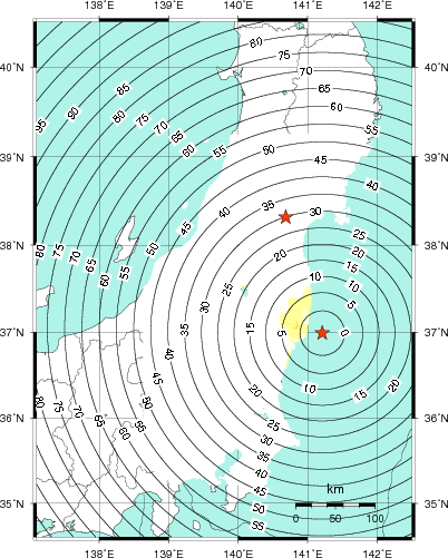 緊急地震速報第1報提供から主要動到達までの時間及び推計震度分布図