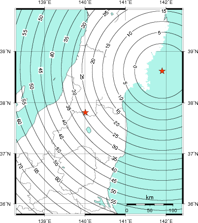 緊急地震速報第1報提供から主要動到達までの時間及び推計震度分布図