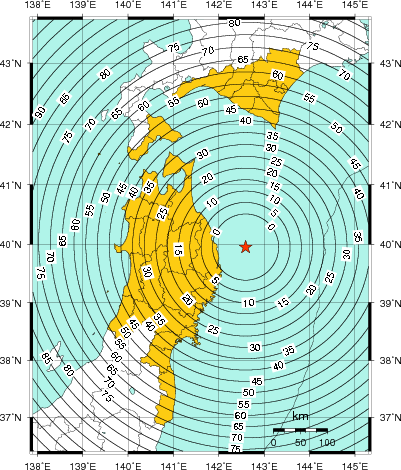 緊急地震速報（警報）第1報を発表した地域及び主要動到達までの時間