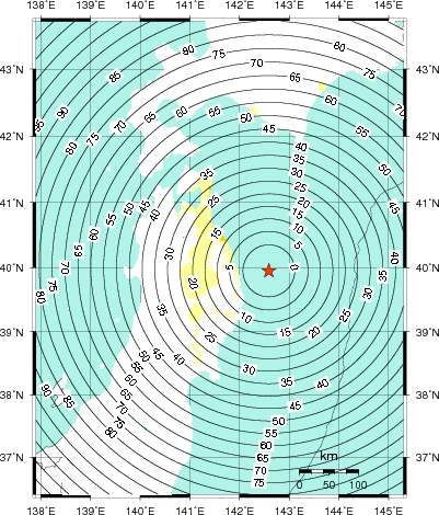 緊急地震速報第1報提供から主要動到達までの時間及び推計震度分布図