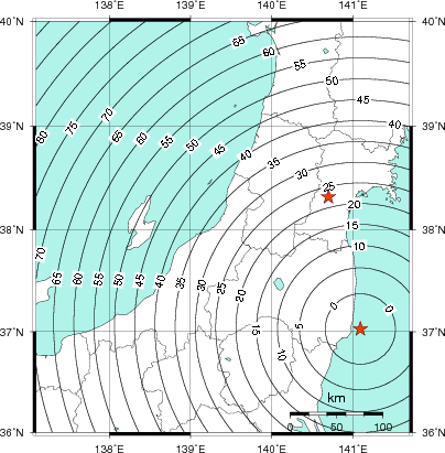 緊急地震速報第1報提供から主要動到達までの時間及び推計震度分布図