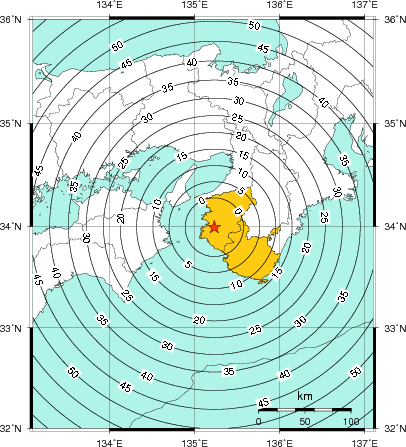 緊急地震速報（警報）第1報を発表した地域及び主要動到達までの時間