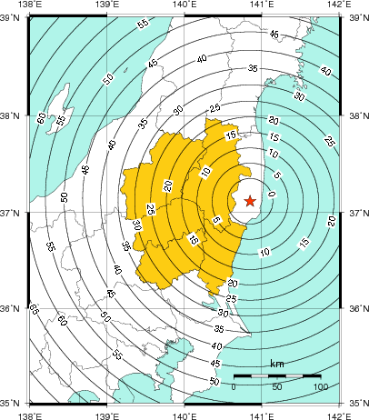 緊急地震速報（警報）第1報を発表した地域及び主要動到達までの時間