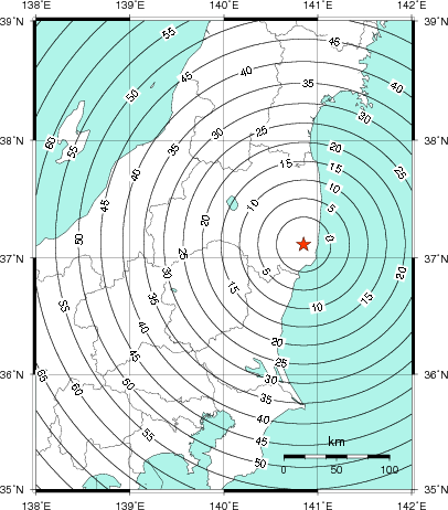 緊急地震速報第1報提供から主要動到達までの時間及び推計震度分布図