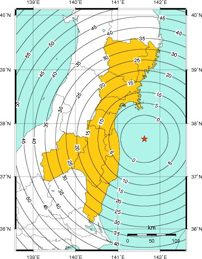 緊急地震速報（警報）第1報を発表した地域及び主要動到達までの時間