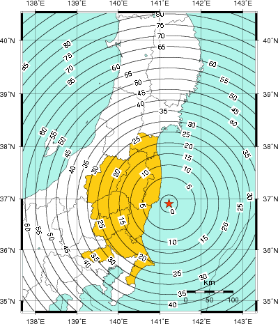 緊急地震速報（警報）第1報を発表した地域及び主要動到達までの時間