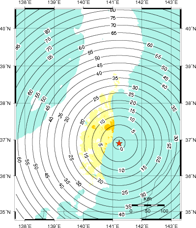 緊急地震速報第1報提供から主要動到達までの時間及び推計震度分布図