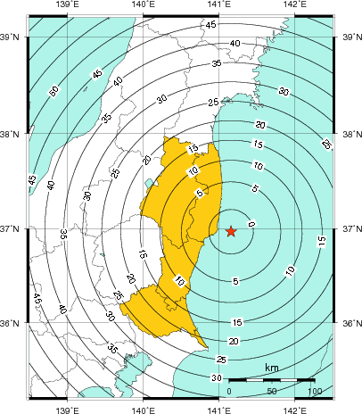 緊急地震速報（警報）第1報を発表した地域及び主要動到達までの時間