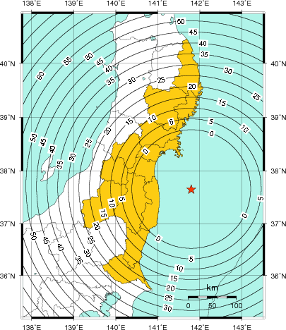 緊急地震速報（警報）第1報を発表した地域及び主要動到達までの時間