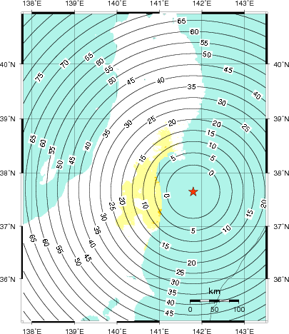 緊急地震速報第1報提供から主要動到達までの時間及び推計震度分布図