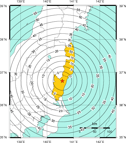 緊急地震速報（警報）第1報を発表した地域及び主要動到達までの時間