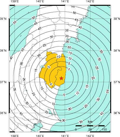 緊急地震速報（警報）第1報を発表した地域及び主要動到達までの時間