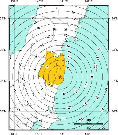 緊急地震速報（警報）第2報を発表した地域及び主要動到達までの時間