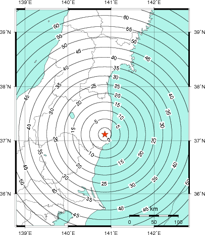 緊急地震速報第1報提供から主要動到達までの時間及び推計震度分布図