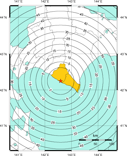 緊急地震速報（警報）第1報を発表した地域及び主要動到達までの時間