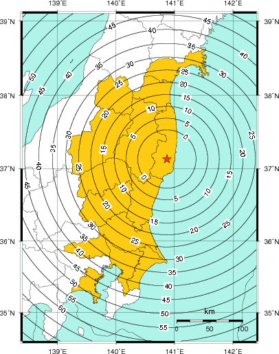 緊急地震速報（警報）第1報を発表した地域及び主要動到達までの時間